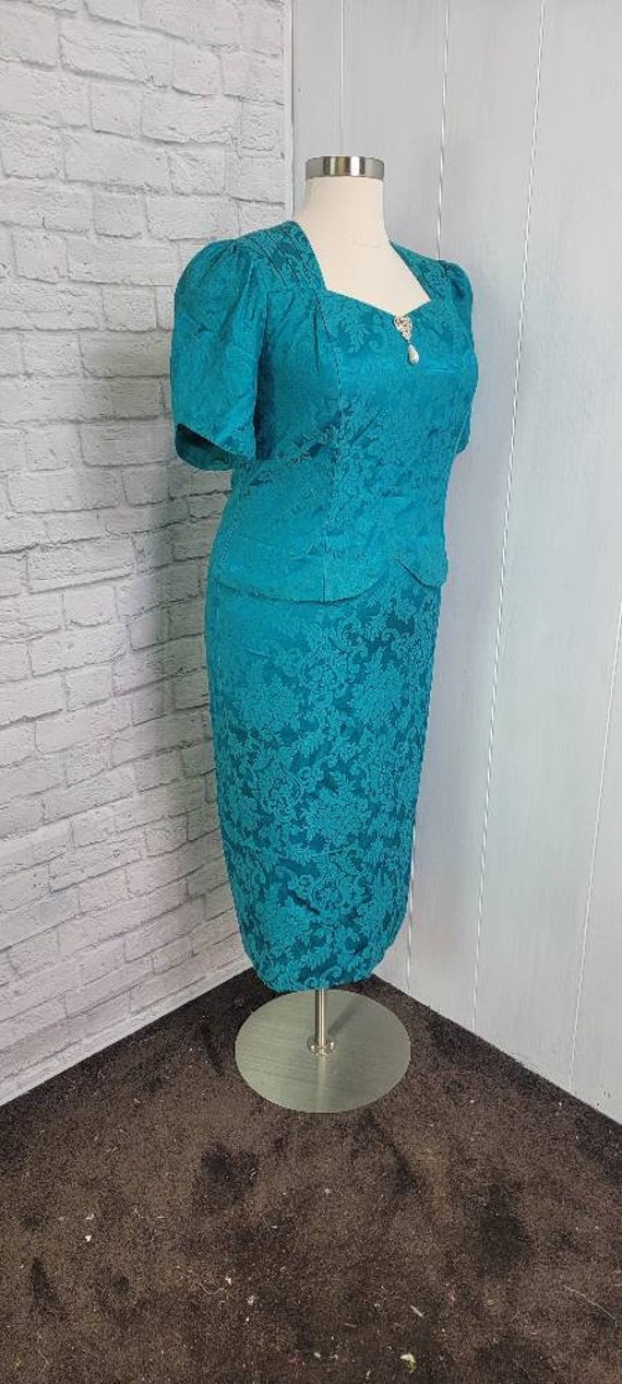Volup 80s Dress puff sleeve teal Green faux 2pc d… - image 6