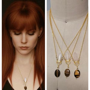 Golden Practically Magic Crystal Quartz Pendant Necklace, Tigers Eye, 90s cosplay necklace, Witch Gillian, Practical Gift Rose