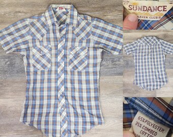 80s Mens Shirt, light weight plaid western shirt, slim fit, snap front, short Sleeve, Cowboy Vibes western wear