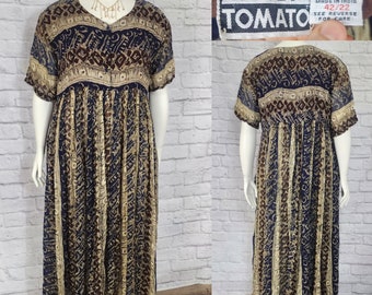 90s Flowy babydoll maxi dress rayon/cotton Navy Beige Brown Abstract tribal Stripe Print Plus Size 22