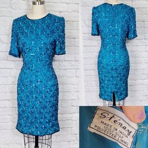Beaded 80s Dress Blue Aqua All over sequin dress silk - Sz S/M mermaidcore style Stenay