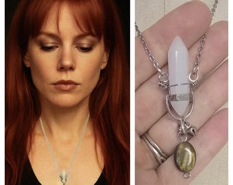 Practically Magic Silvery Crystal Quartz Pendant Necklace, 90s Witchy Whimsigoth Tigers eye, Practical Gift