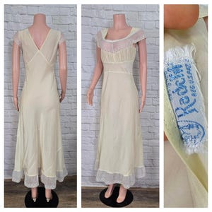 Vintage 30s Lingerie Gown, Pale Yellow Ivory,  Bias Cut Nightgown, Lace Ruffle Hem Size S