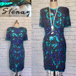 Vestido de los años 80 con cuentas, estampado floral en azul aguamarina y negro, vestido de lentejuelas por todas partes de seda - estilo sirena Stenay