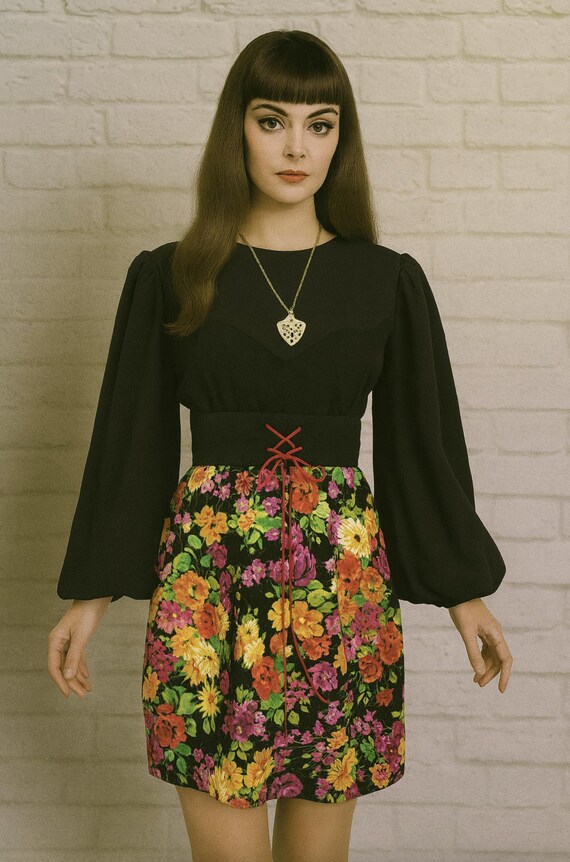 Vestido vintage de los años 70, manga de obispo negra, minivestido