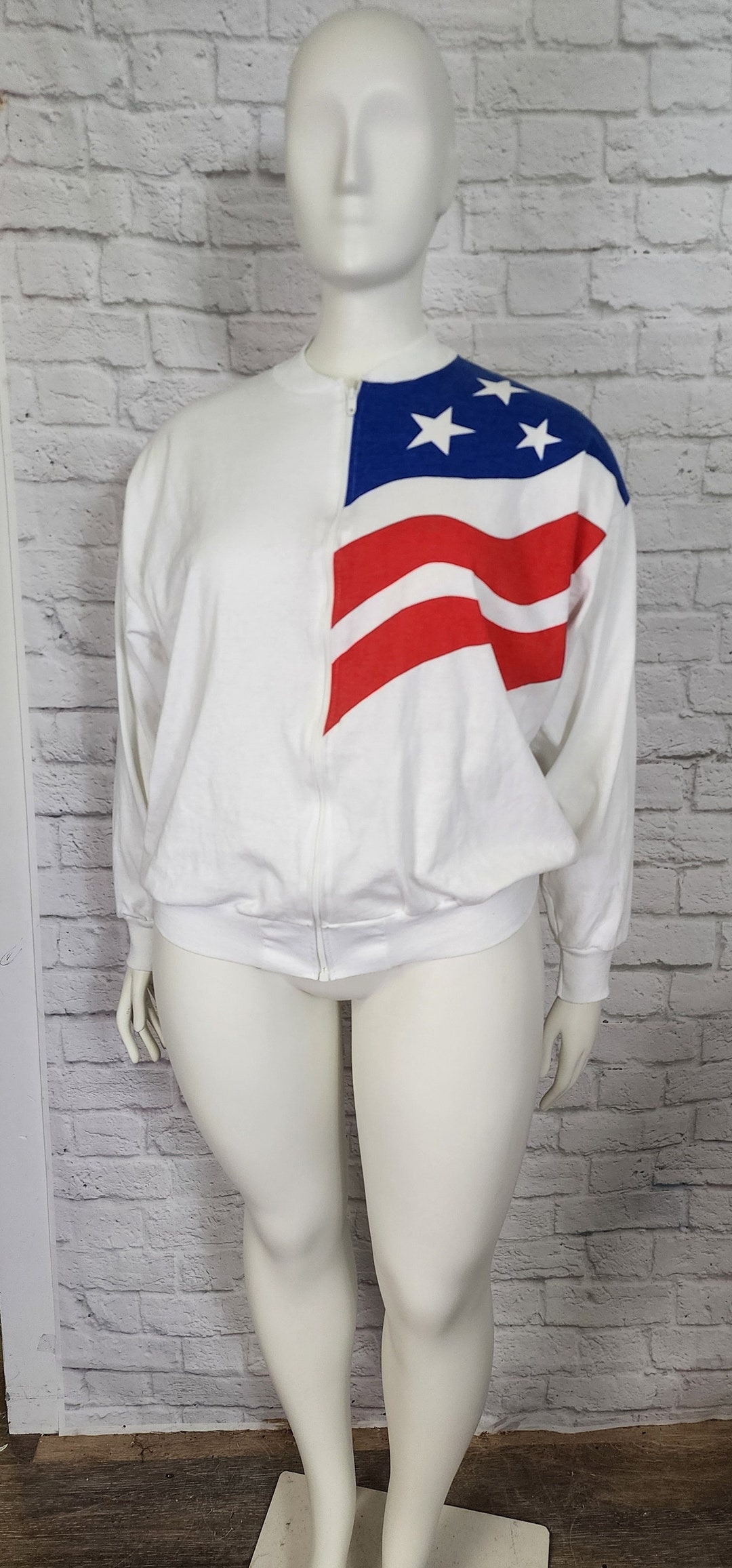 80/90s American Flag, 4th of July White Cotton Knit Zip Front