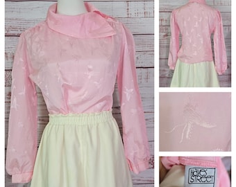 1980s Blouse, Asymmetrical  collar, Sectetary 80s Pastel Pink Butterfly Detail Button shoulder, long sleeves Romantic Feminine S