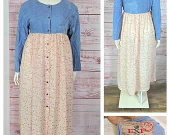90s Denim Floral Babydoll Maxi dress, button front, pink blue