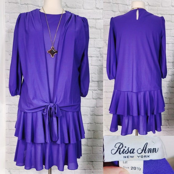 80s does 20s Purple crepe drop waist dress long s… - image 1