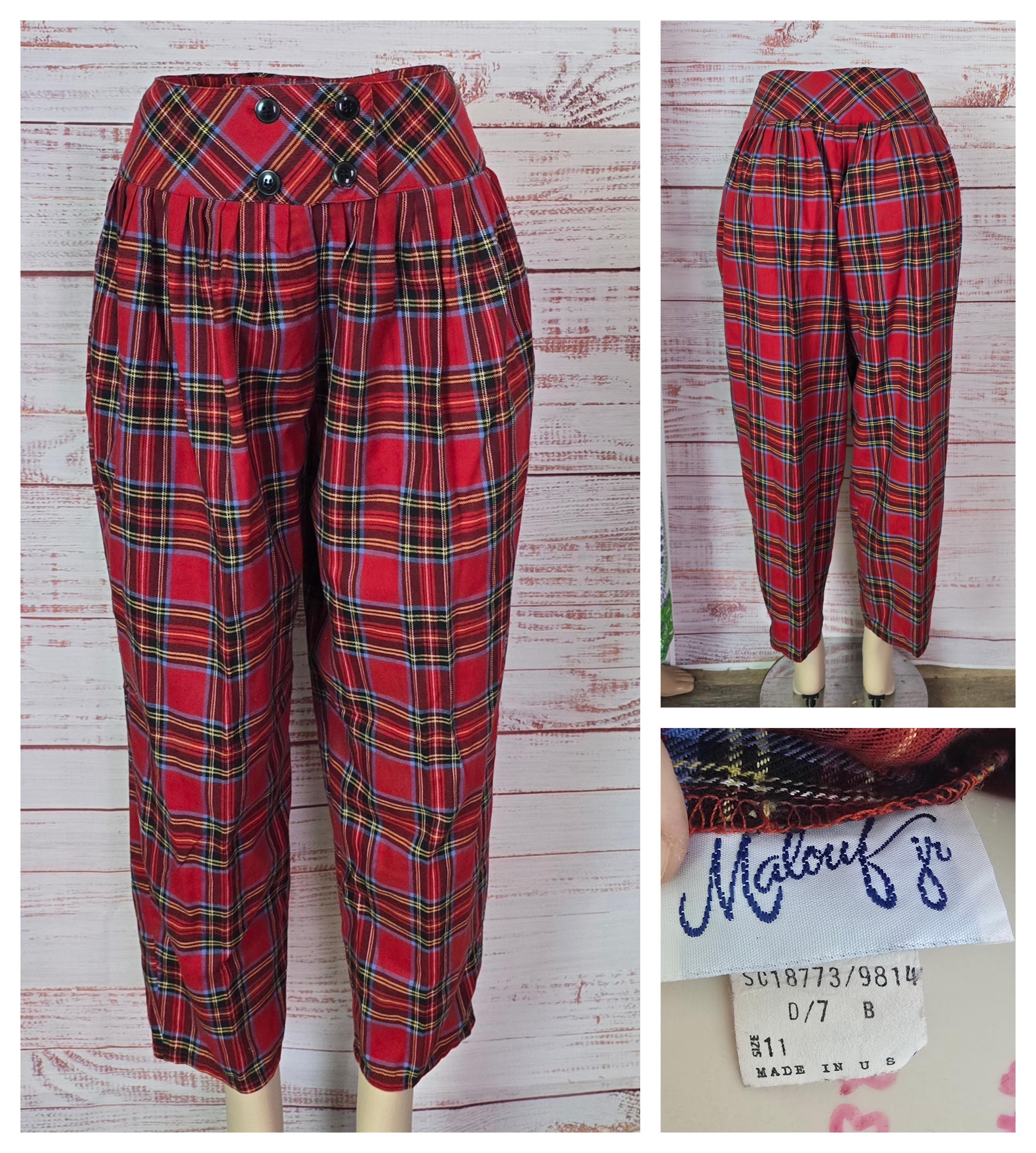80s Pants Wide Waist Tapered Leg, Trousers Plaid Red Black Punk