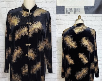 3X Tunic Blouse, 80s/90s glitter velvet, cardigan, Feather design, embellished Top, Black Gold, oversized, nehru collar