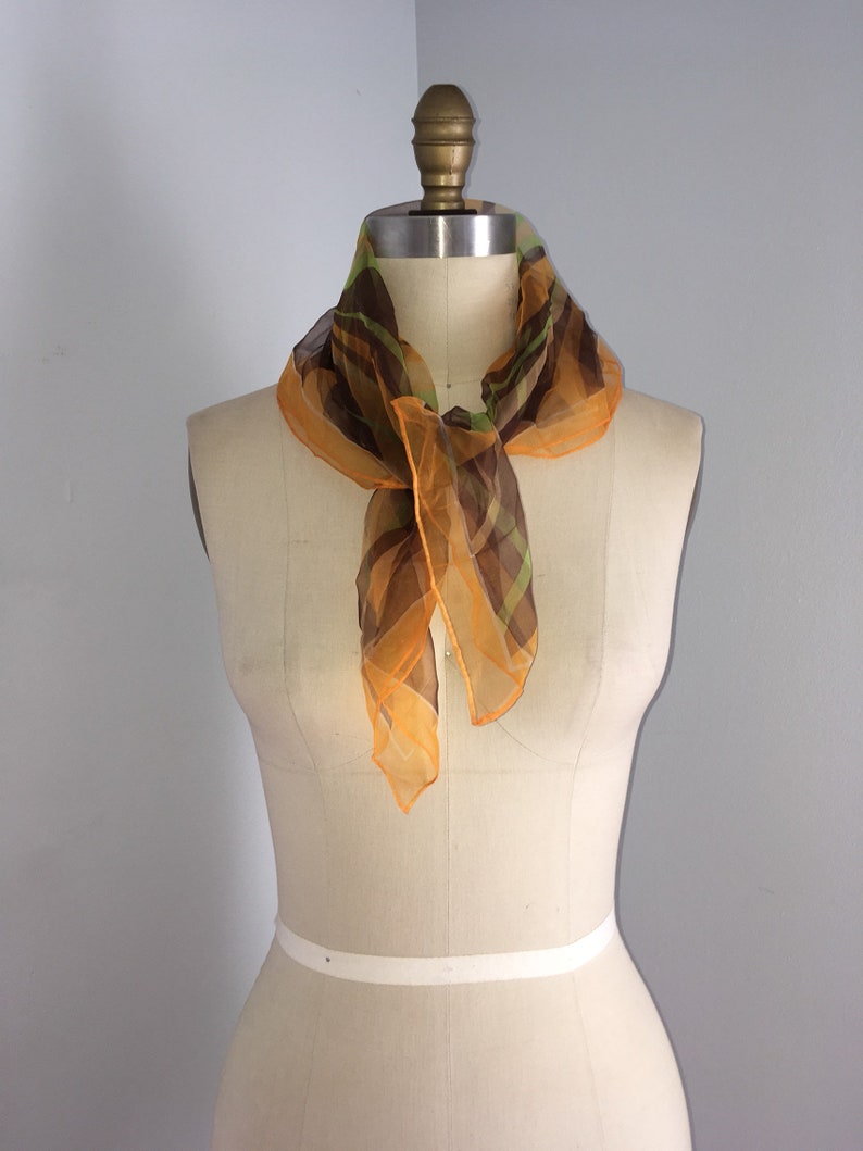 60s 70s sheer Orange Brown Green Scarf neck Hair Tie