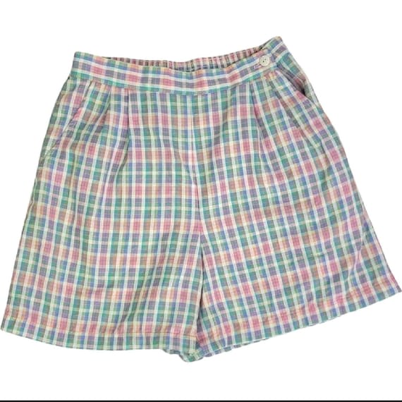 80s 90s Plaid Pastel Elasticshorts High Waist Pink Blue White