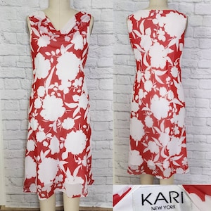 90s Y2K Bias Cut Slip Dress, red white Floral, wedding guest, draped neckline, sundress midi, 1920s day dress drop waist style