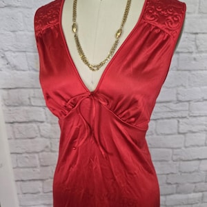 Vintage 70s Red Nightgown, empire waist, V neckline, M Valentines Day Maxi Full Length- Medium