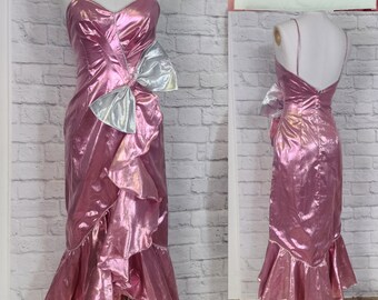 80s Prom, Pink Silver Lame, ruffle hem Dress Rocker Jem Metallic Bow size Small, 1980s fashion doll barb.