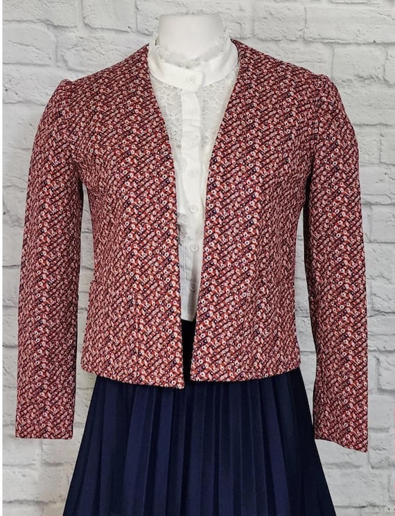 1970s Blazer, Mod Boxy Crop Jacket, red white blue print, Pockets, Long Sleeves- Size S M vintage retro