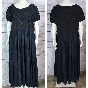 Plus Size Chrochet Cotton Gauze Babydoll Dress 90s Cotton Black Dark  Cottagecore Midi Length Size 1XL Short Sleeve
