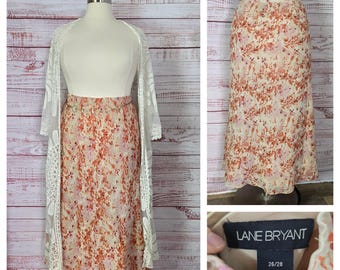 Plus Size Skirt, 90s/00s, Chiffon Floral, Long ankle length flowy, fairycore cottagecore 26/28