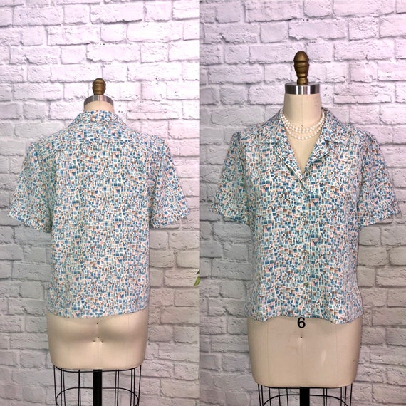 70s 80s Blouse top shirt Square multi color print… - image 2