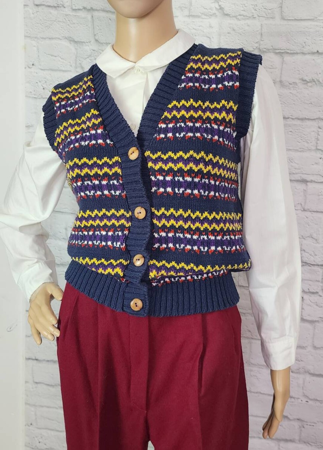 90s Blue Sweater Vest, Button Front Navy Blue Purple Red Yellow