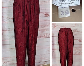 90s Harem Pleated tapered pants,  red paisley brocade, elastic waist,