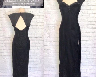 RESERVED 80s 90s Black Velvet Dress Wiggle Sexy Front Slit Formal Prom Evening Gown Keyhole Party size Large