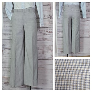 70s Mens flared Trousers, Blue mini plaid Pants Polyester Disco, flat front high waist
