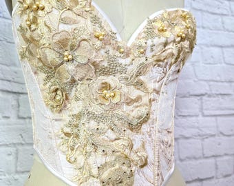 Overbust Corset, Gold white Floral brocade, corset waist cincher cottagecore, Sabrina Vibes, Goddess, Bridal, Fairy castlecore