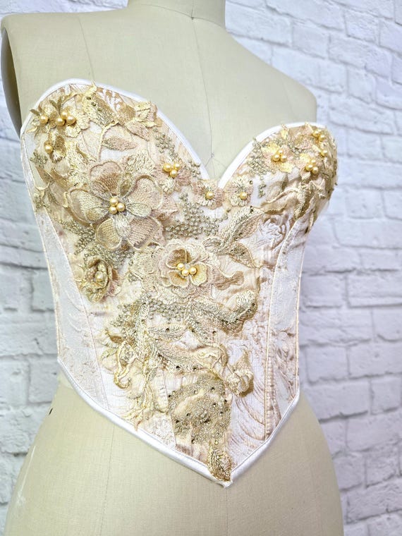 Overbust Corset, Gold White Floral Brocade, Corset Waist Cincher