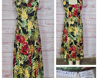 90s Hawaiian Dress, Floral Aline Shift princess cut, Back Cutout, maxi long, black red olive, Size M