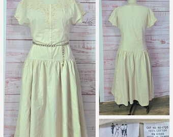 80s Beige Cotton Dress, Gold Glitter Embroidery, Drop Waist, Cap Sleeves