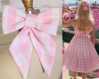 Light Pink Gingham Plaid Hair Bow, Cosplay Halloween Costume Accessory, Perfect Day, Margot Movie Barbra Fashion Doll Gift