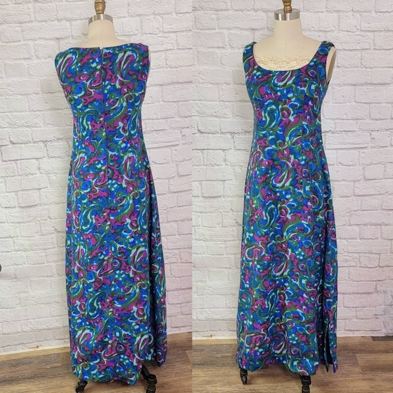 60s 70s Dress, Long maxi, psychedelic blue purple… - image 1