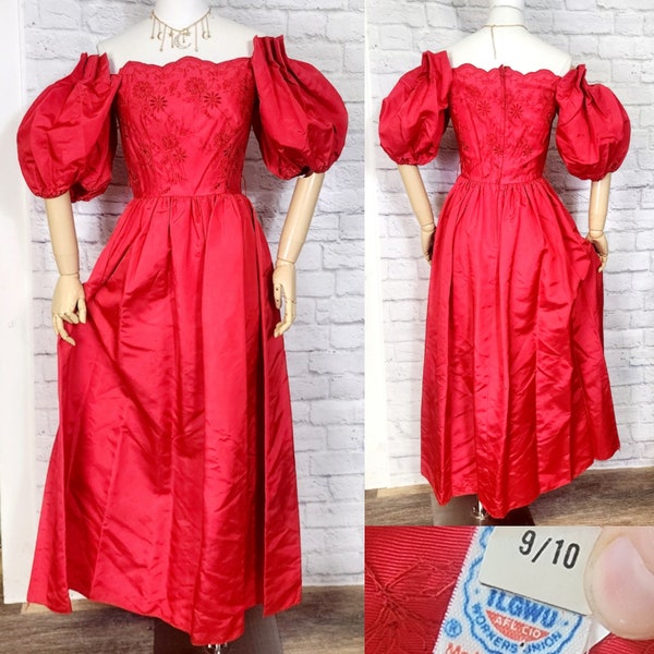 1980s Dress Red, Prom Party Bridesmaid, Puff Sleeves, 80s, taffeta formal, off shoulder, natural waist, full skirt, Scalloped embroidered