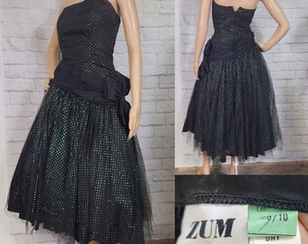 80s Prom Dress, Black Glitter asymmetrical Strapless midi Bombshell Gown 1980s does 50s Sequin Tulle wiggle Drop Waist