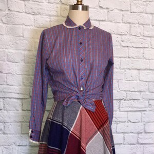 70s 80s Prairie Blouse Shirt Top High Neck blue Red Plaid Lace Trim  Long Sleeves Size Medium Large professional shirt vintage retro blouse
