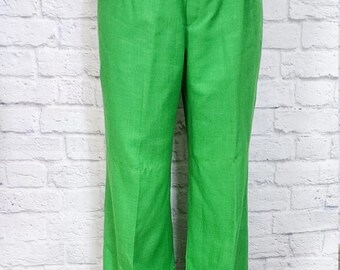70s Trouser Pants, Bright Kelly Green Wide Leg High Rise