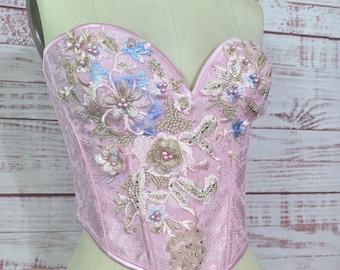 Overbust Corset, Pink Gold Floral brocade, Sweetheart Neck, cottagecore, Bridal, Fairy Rococo Handmade