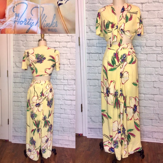 1940s Hawaiian Lounge Pajamas Yellow Floral Crop T