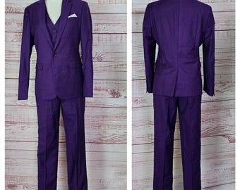 XS/S Purple 3pc Suit Willy Wonka Joker Grape Suit Jacket Costume Menswear Jkt size 30, pants 31x 29.5