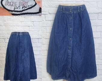 80s/90s High Waist Skirt elastic waist Blue Button pleated Front yoked waist Long Western Cowgirl Coastal Cotton Denim western wear