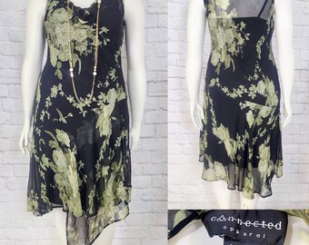 Y2K 00S  Bias Cut Flapper Slip Dress Chiffon beaded sequin Black Green Floral Gatsby size L/XL