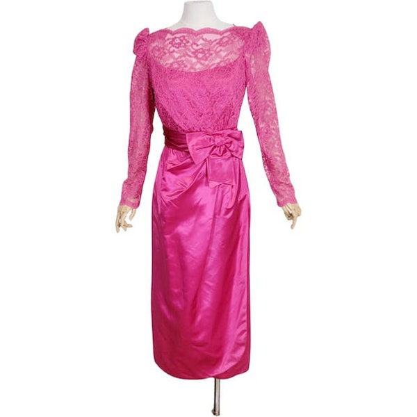 80s Prom Bridesmaid Dress, Pink Satin Lace bodice, faux wrap sarong style Skirt, Column Gown, long sleeves size M