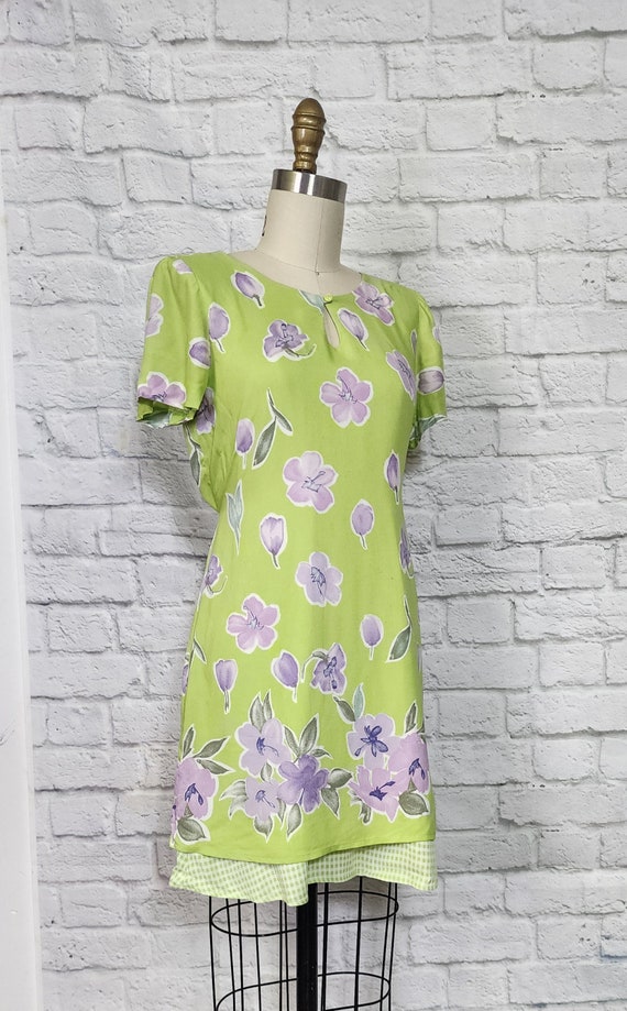90s mini Dress short sleeve Green purple Floral Dress… Gem
