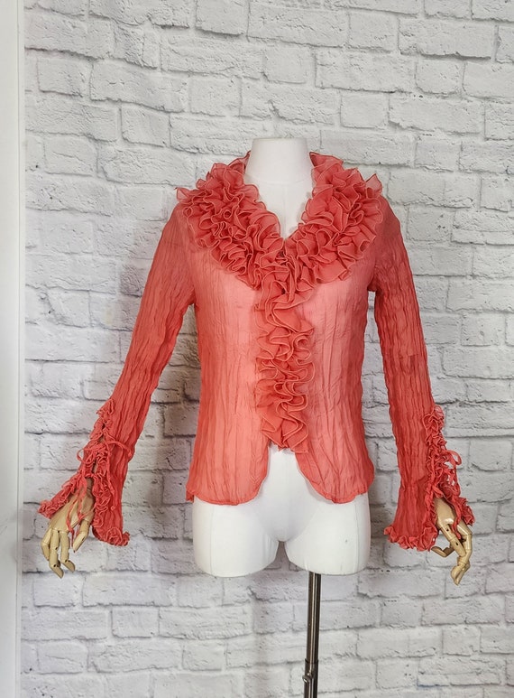 Coral Y2K Crinkle Ruffle Chiffon Blouse tie bell … - image 3