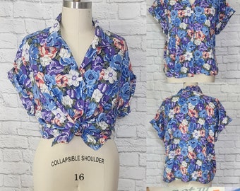 80s 90s 3XL Floral shirt Blue Purple Print navy background short sleeves vintage retro blouse