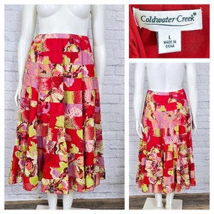 Y2K 90s Skirt, flared maxi ruffle tiers, chiffon, abstract tiedye whimsigoth fairycore Red Long Ankle L