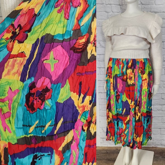 90s Rainbow Crinkle Skirt maxi elastic waist rayo… - image 1