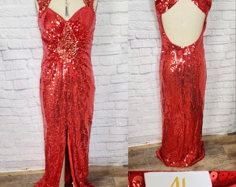 Vintage 80s Red Sequin Prom Formal Pageant Dress beaded floral appliques Sequin Slit Front Size L